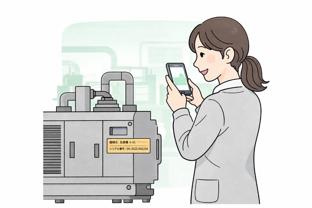 設備に貼られたラベルとスマートフォンで稼働状況を確認するイメージ
