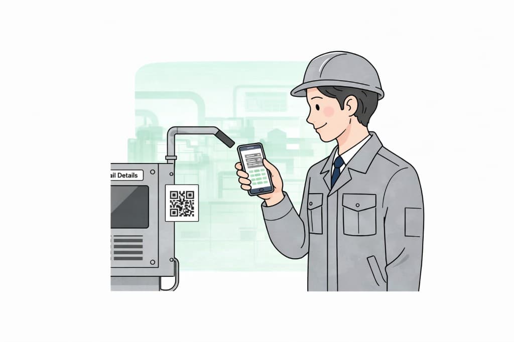 現場でQRコードをスキャンして設備情報を確認するイメージ